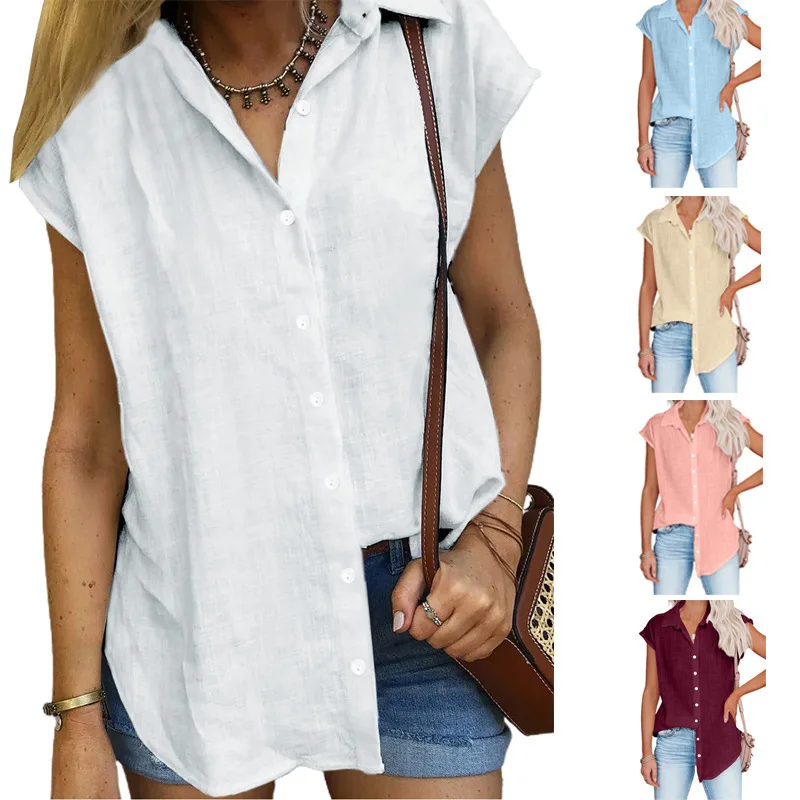 2023 Summer New Solid Color Cotton and Linen Single-breasted Cardigan Collar Shirt Women's Fashion Casual Short-sleeved Top
2023 Summer New Solid Color Cotton and Linen Single-breasted Cardigan Collar Shirt Women's Fashion Casual Short-sleeved Top