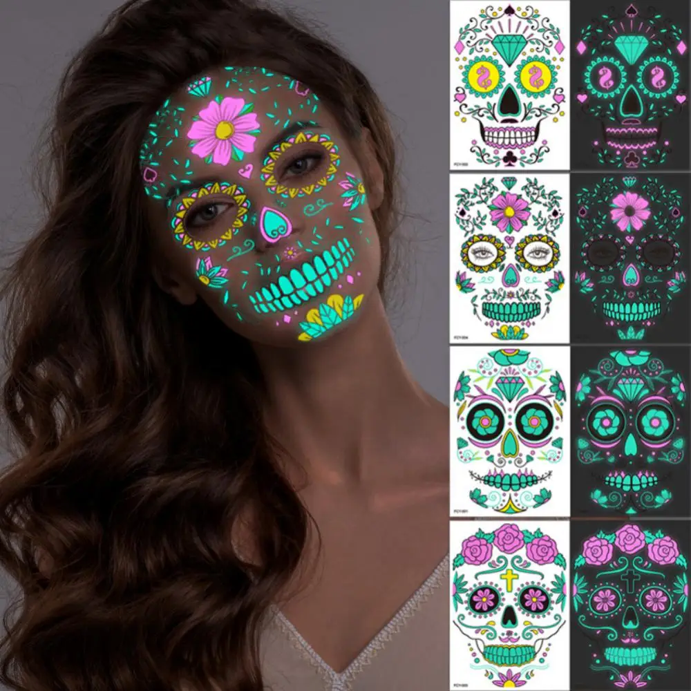 

Временные татуировки на Хэллоуин, Набор наклеек для лица, светящийся скелет, сахар, Череп, искусственная татуировка для Хэллоуина, макияж на лицо, тело