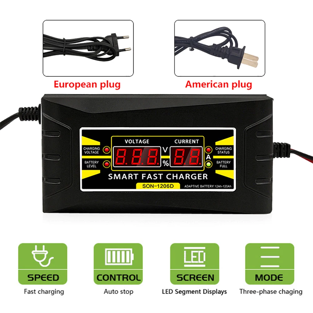 Smart Fast Power Charging 150V-250V Full Automatic Car Battery Charger Lead Acid Battery-chargers 12V 6A LCD Display US EU Plug
Smart Fast Power Charging 150V-250V Full Automatic Car Battery Charger Lead Acid Battery-chargers 12V 6A LCD Display US EU Plug