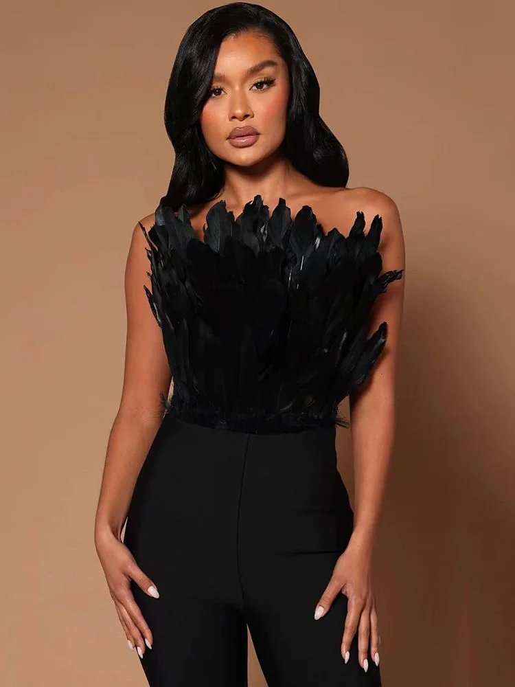 BEVENCCEL Sexy New In Summer Women's Feather Black Off Shoulder Tight Bandage Bodysuit Party Elegant NightClub Jumpsuits 2023
BEVENCCEL Sexy New In Summer Women's Feather Black Off Shoulder Tight Bandage Bodysuit Party Elegant NightClub Jumpsuits 2023