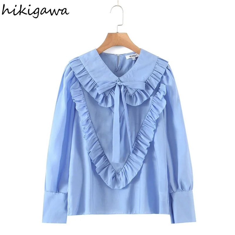 Hikigawa Women Fashion Turn Down Collar With Tied Bow Ruffled Shirts Vintage Solid Long Sleeve Female Blouses Chic Tops
Hikigawa Women Fashion Turn Down Collar With Tied Bow Ruffled Shirts Vintage Solid Long Sleeve Female Blouses Chic Tops