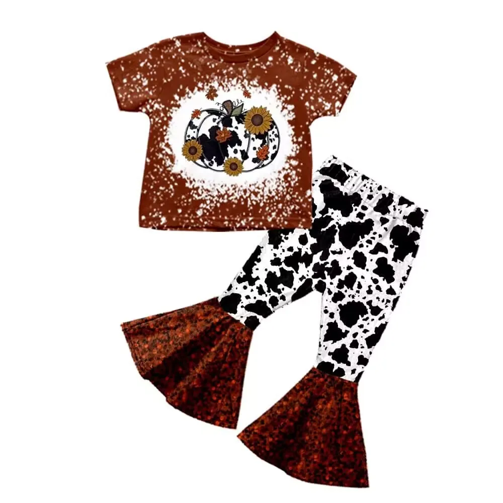 Fashion Thanksgivings outfits kids pumpkin short sleeves shirt cow bell bottom pants fall toddler girl sets
Fashion Thanksgivings outfits kids pumpkin short sleeves shirt cow bell bottom pants fall toddler girl sets