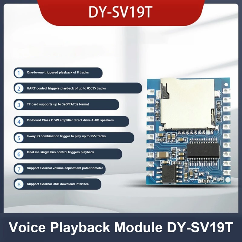 SV19T Voice Playback Module One-To-One Trigger Serial Port Control Segment Trigger MP3 Voice Module Support TF Card
SV19T Voice Playback Module One-To-One Trigger Serial Port Control Segment Trigger MP3 Voice Module Support TF Card