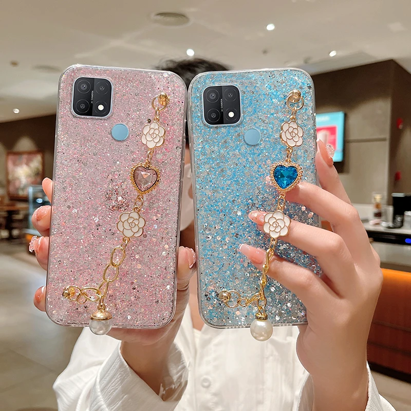 

Shiny Glitter Silicone Case For OPPO A15 A5 A9 A15S A52 A53 A54 A72 A55 A76 A93 A96 F17 F19 F21Pro Reno7 8 Flower Bracelet Cover