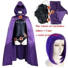 Teen Titans Raven Cosplay Costume Superhero Cloak Jumpsuits Zentai Halloween Tight clothes   Cape   waist jewelry chain