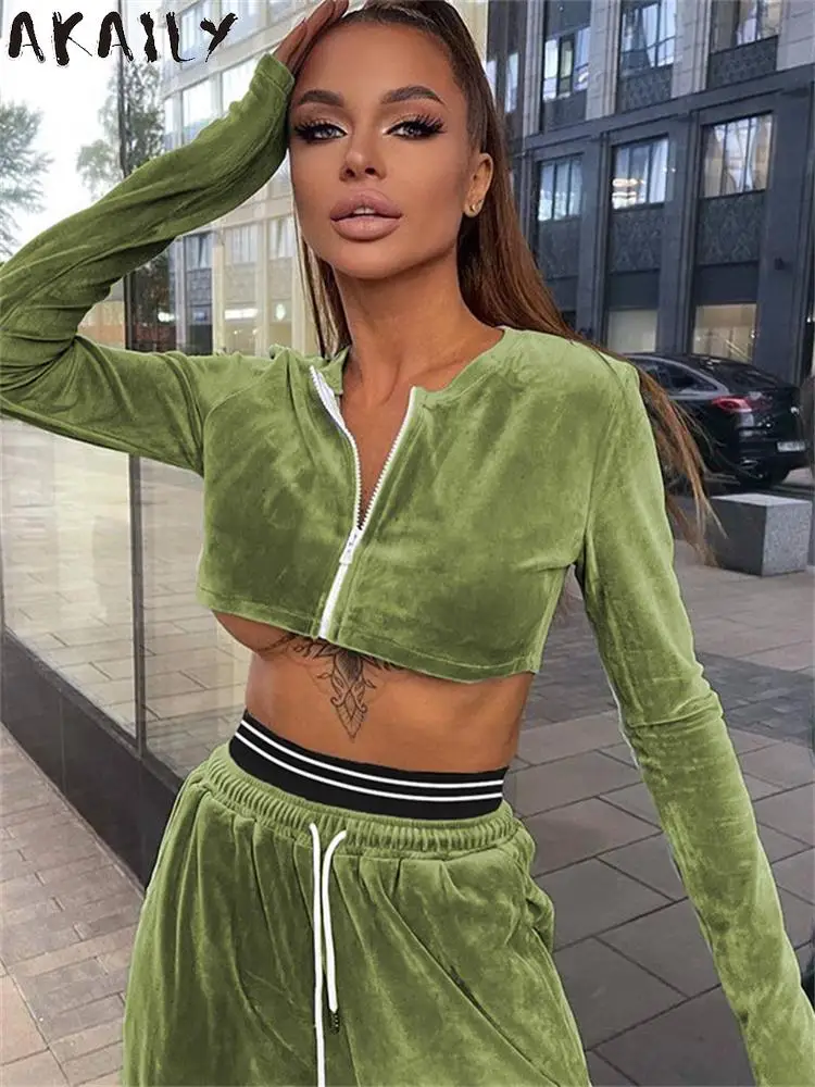 

Akaily Fall Black Velvet Tracksuit 2 Two Piece Sets Women Outfits 2022 Long Sleeve Crop Top And Sweat Pants Set Ladies Sweatsuit