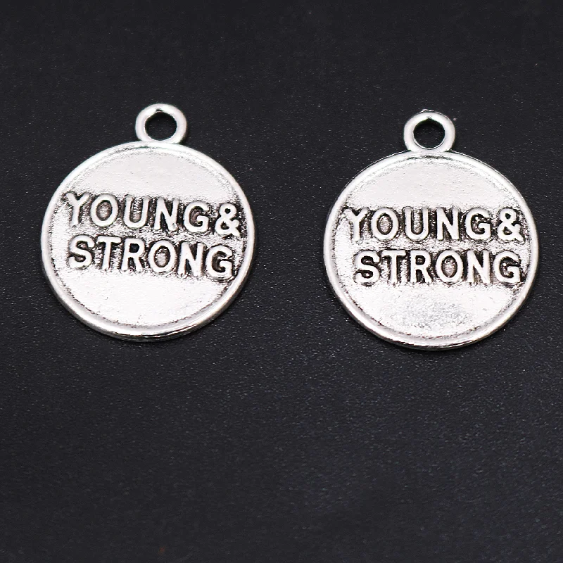 10pcs Silver Plated Young & Strong Metal Tag Alloy Pendant DIY Charm Bracelet Keychain Jewelry Crafts Making 23*19mm P1394 
10pcs Silver Plated Young & Strong Metal Tag Alloy Pendant DIY Charm Bracelet Keychain Jewelry Crafts Making 23*19mm P1394