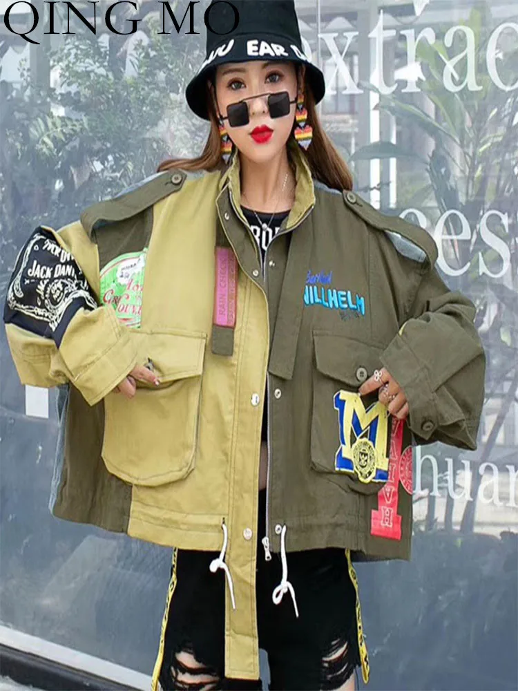 

QING MO Women Long Sleeves ArmyGreen Jacket Loose Big Pocket Splicing Patches Shrink Waist Short Jacket 2023 Autumn LHX1029A