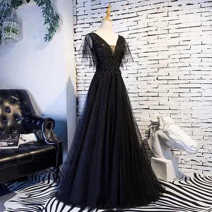 

Очаровательное черное вечернее платье с V-образным вырезом, платья для вечеринки, официальные платья с аппликацией и бусинами до пола, женское платье для торжества