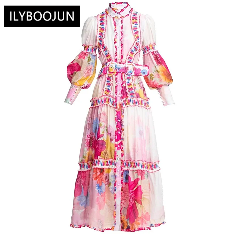 

Dresses For Women 2023 Runway Luxury Designer Spring Lantern sleeve Floral-Print Single-breasted Sashes Elegant Vacation Dress