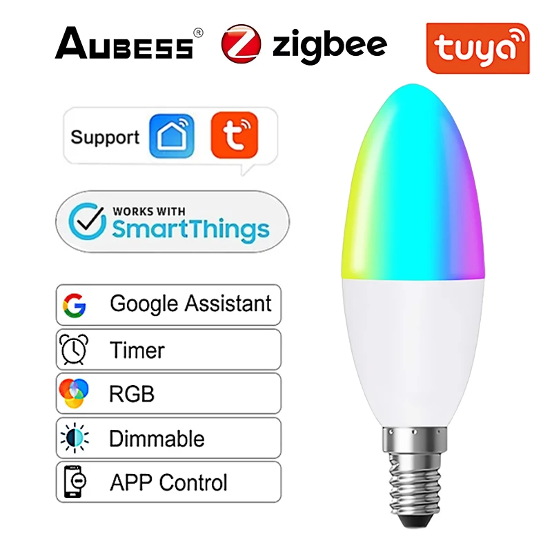 

Умсветильник лампа Aubess Zigbee 3,0, 5 Вт, светодиодная лампа E14, RGBCW, работает с Alexa/Google Home, Яндекс. Aice, функция регулировки яркости и таймера