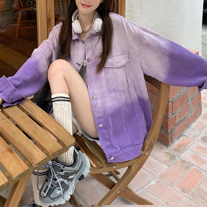 Gradual Purple Color Oversize Denim Jacket Women' Spring Autumn American BF Cargo Loose Long Sleeve Tie-dye Thin Coat Female
Gradual Purple Color Oversize Denim Jacket Women' Spring Autumn American BF Cargo Loose Long Sleeve Tie-dye Thin Coat Female