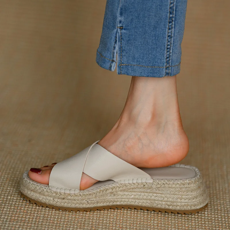 

Cowhide Platforma Shoes Hemp Espadrilles Outwear Slippers Open Toe Ladies Shoes Women’s Summers Sandals Wedge Slipperrs