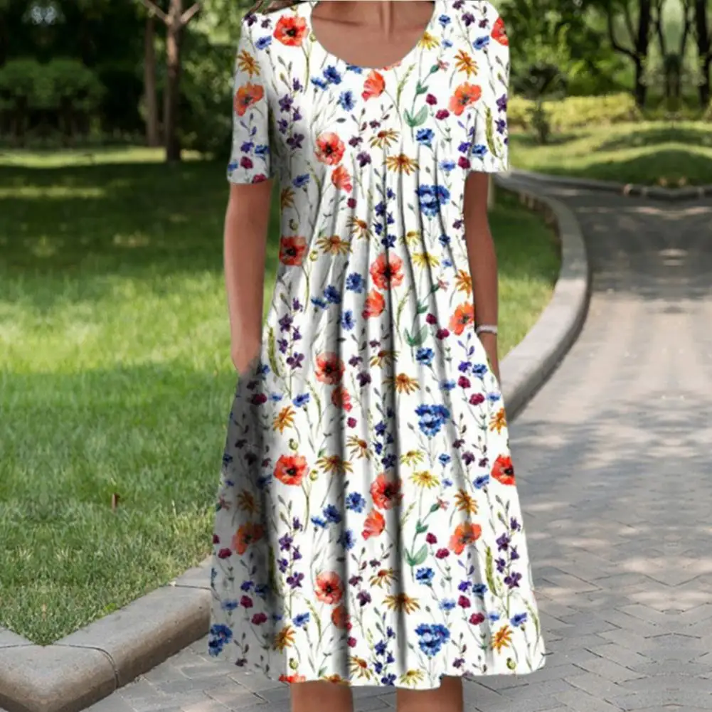 O-Neck Short Sleeve Side Pockets Casual Dress Floral Print Pleated A-Line Midi Dress Female Clothing
O-Neck Short Sleeve Side Pockets Casual Dress Floral Print Pleated A-Line Midi Dress Female Clothing