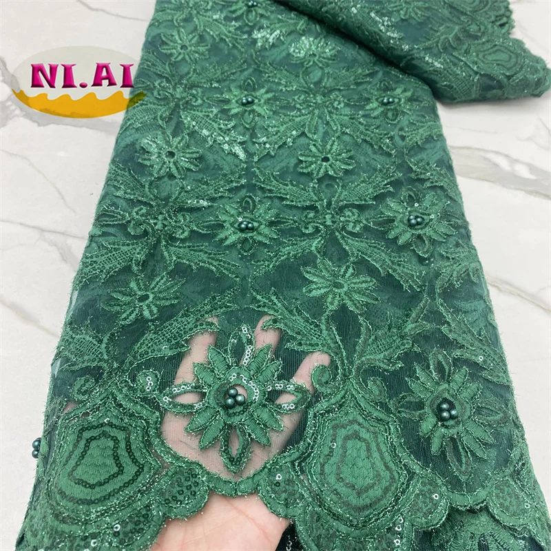 Зеленый популярный кружевной материал сетка для вечерних платьев африканских женщин с цветами и бисером оптом по низкой цене.