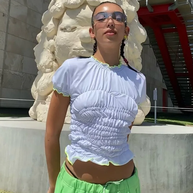 Summer O Neck Tee Shirt Women Short Sleeve Casual Shirt Fashion Streetwear Ruched T-shirt Blouse Slim Tees Sweet Crop Tops
Summer O Neck Tee Shirt Women Short Sleeve Casual Shirt Fashion Streetwear Ruched T-shirt Blouse Slim Tees Sweet Crop Tops