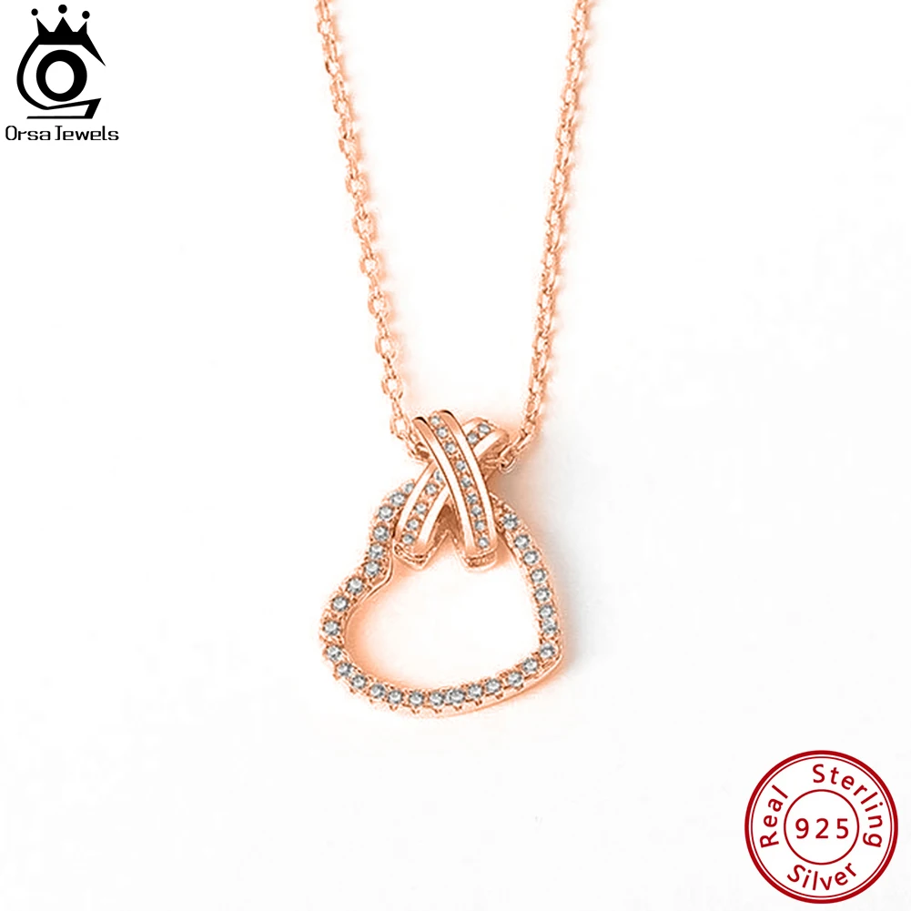 

ORSA JEWELS 925 Стерлинговое серебро элегантный кулон в виде сердца ожерелье для женщин AAA кубический цирконий Сладкий ожерелье с бантиком ювелирные изделия SN324