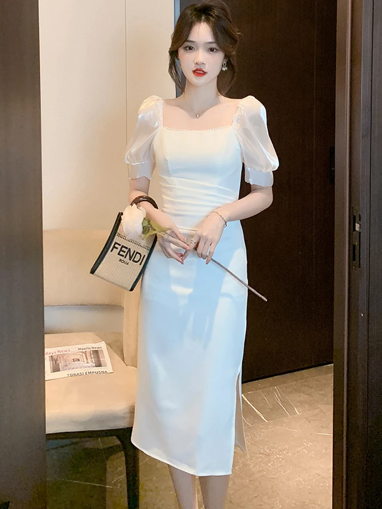 Женское винтажное платье с пышными рукавами, длинное красное платье в Корейском стиле Хепберн с квадратным вырезом, Элегантное свадебное платье белого цвета, весна-лето 2023 
Женское винтажное платье с пышными рукавами, длинное красное платье в Корейском стиле Хепберн с квадратным вырезом, Элегантное свадебное платье белого цвета, весна-лето 2023