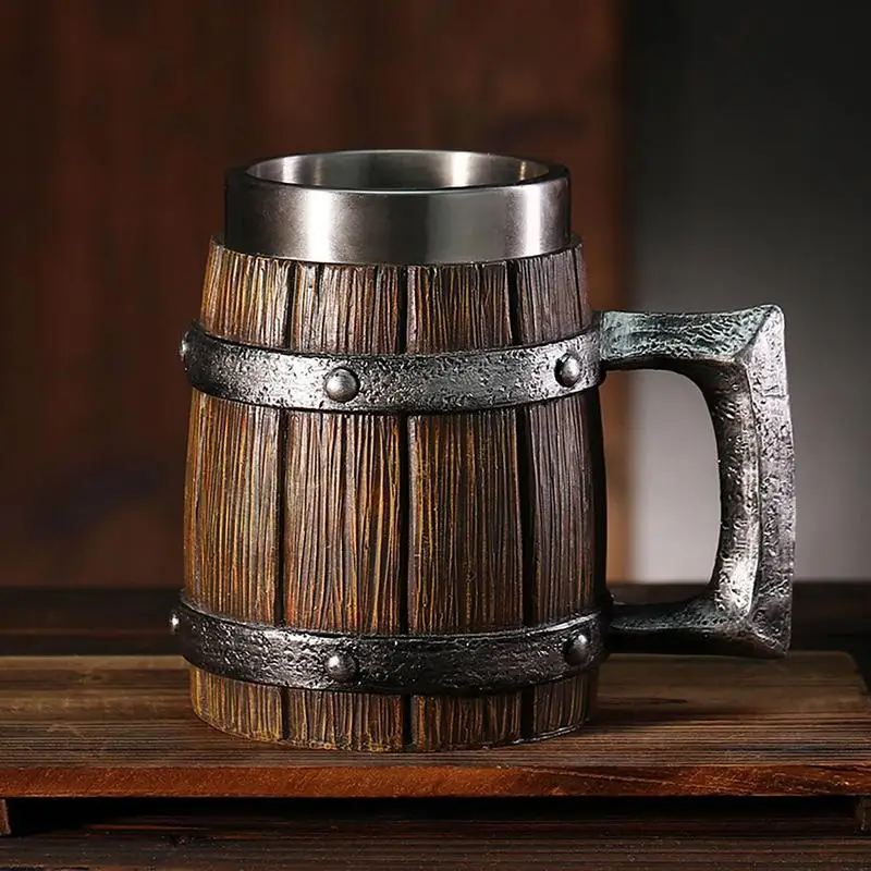 

600ml Viking Wood Style Beer Mug Simulation Wooden Barrel Beer Cup Wall Drinking Mug Stainless Steel for Party