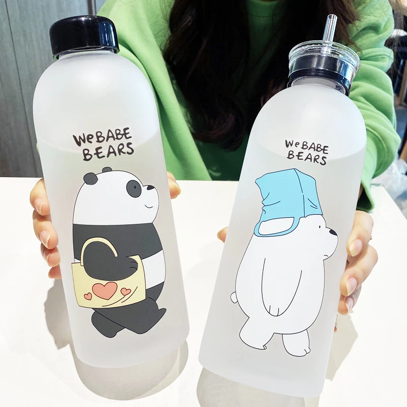 

1000 мл Милая чашка в виде панды, медведь, бутылки для воды с соломинкой, прозрачная мультяшная бутылка для воды, посуда для напитков, матовый г...