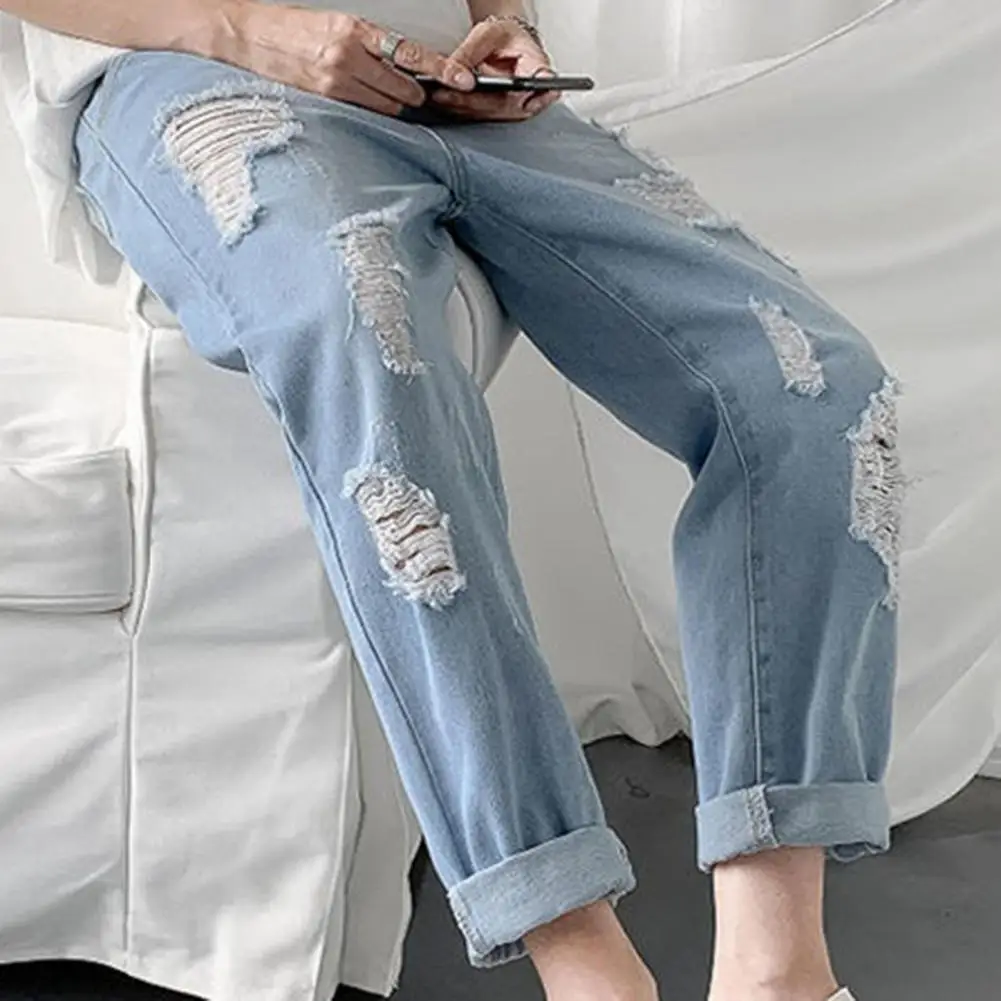 Pants Long Mid Waist Ripped Breathable Men Trousers Men Pants for Dating 
Pants Long Mid Waist Ripped Breathable Men Trousers Men Pants for Dating