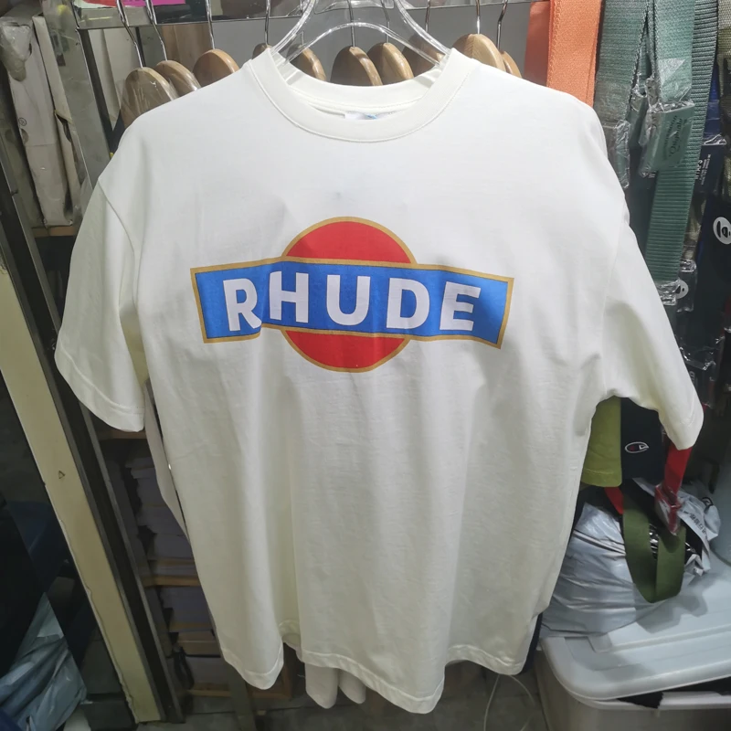 

RHUDE Tshirts Summer Crewneck Casual Red Blue Patchwork Color Print Women's Men's Vintage Short Sleeve T-shirt