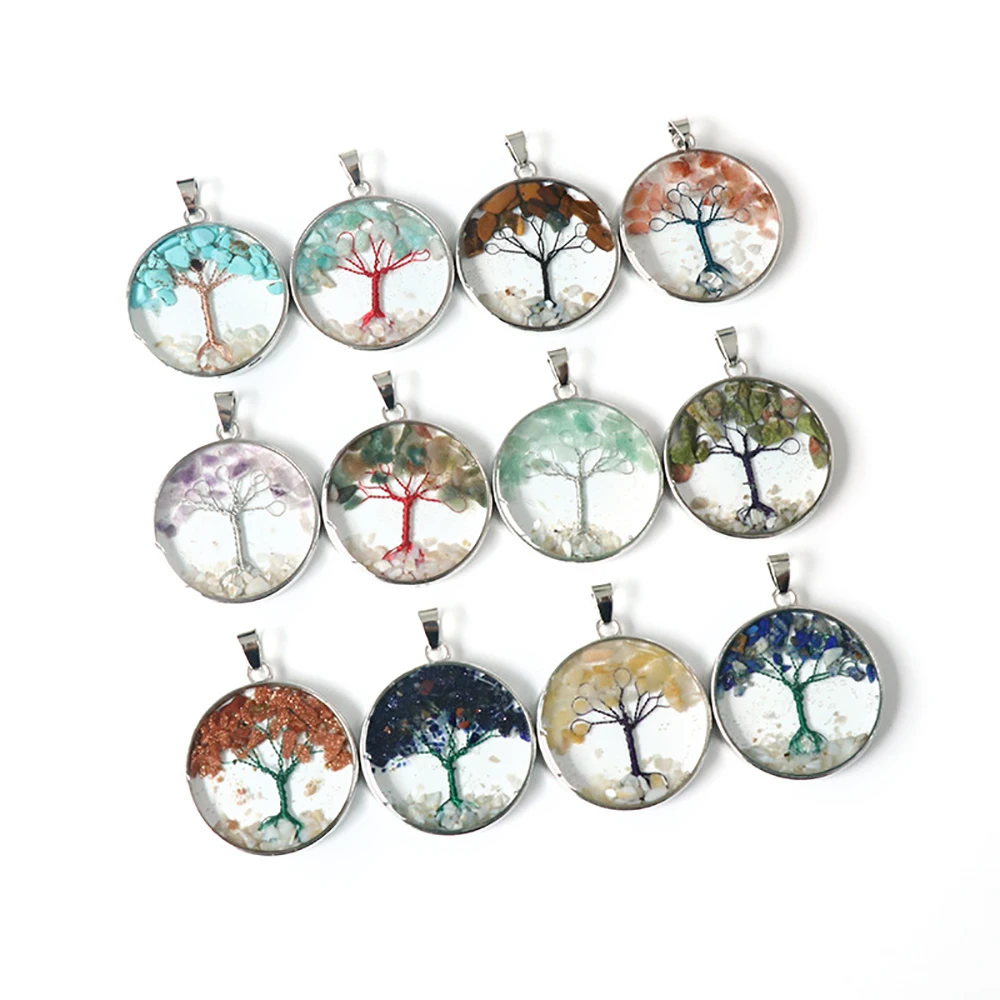 

Round Natural Stone Pendant Amethyst Jade Lapis Lazuli Amazonite Red Agate Tree of Life Charms for Jewelry Making DIY Necklace