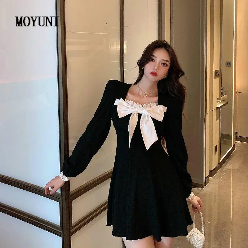 

MOYUNI Black Lace Patchwork Mini Dress Women Kawaii Bow Long Sleeve Preppy Style Quare Collar Dress Sexy Korean Style Fashion