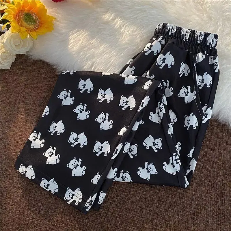 MINGLIUSILI Bear Print Anime Wide Leg Pant New 2021 Fashion Korean Style Pants Women High Waist Loose Casual Clothing | Женская одежда