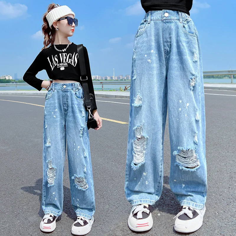 Fashion Ripped Jeans for Girls Pants Spring Autumn Children Korean Elastic Waist Loose Denim Trousers Teenage Kids Clothes Cool 
Fashion Ripped Jeans for Girls Pants Spring Autumn Children Korean Elastic Waist Loose Denim Trousers Teenage Kids Clothes Cool