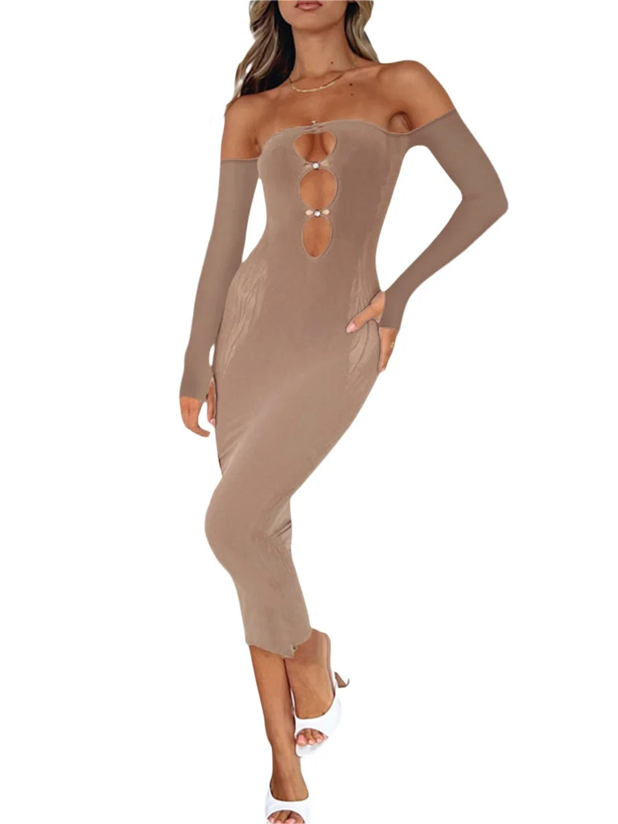 Женское ажурное платье с длинным рукавом, облегающее длинное платье с глубоким вырезом, коктейльное платье 
Женское ажурное платье с длинным рукавом, облегающее длинное платье с глубоким вырезом, коктейльное платье