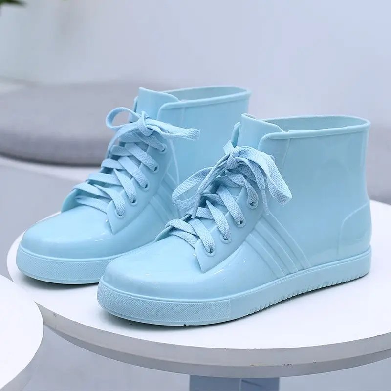 

2023 Candy Color Laced Up Rain Boots Girls Fashion Water Shoes Women's New Ankle Boots Blue Galoshes Woman Waterproof Rainshoes