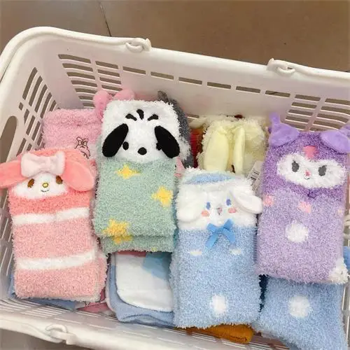 

Kawaii Sanrio Socks Kuromi Accessories Cute Anime Cartoon Coral Fleece Warm Sleep Floor Socks Thickening Home Toy for Girls Gift