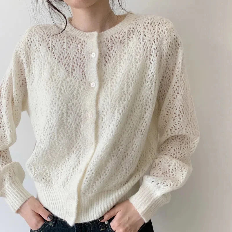 Spring Summer Hollow Out O-neck Knitted Sweater Elegant Single-breasted Loose Long Sleeves Cardigan Sweater All-match Thin Tops
Spring Summer Hollow Out O-neck Knitted Sweater Elegant Single-breasted Loose Long Sleeves Cardigan Sweater All-match Thin Tops