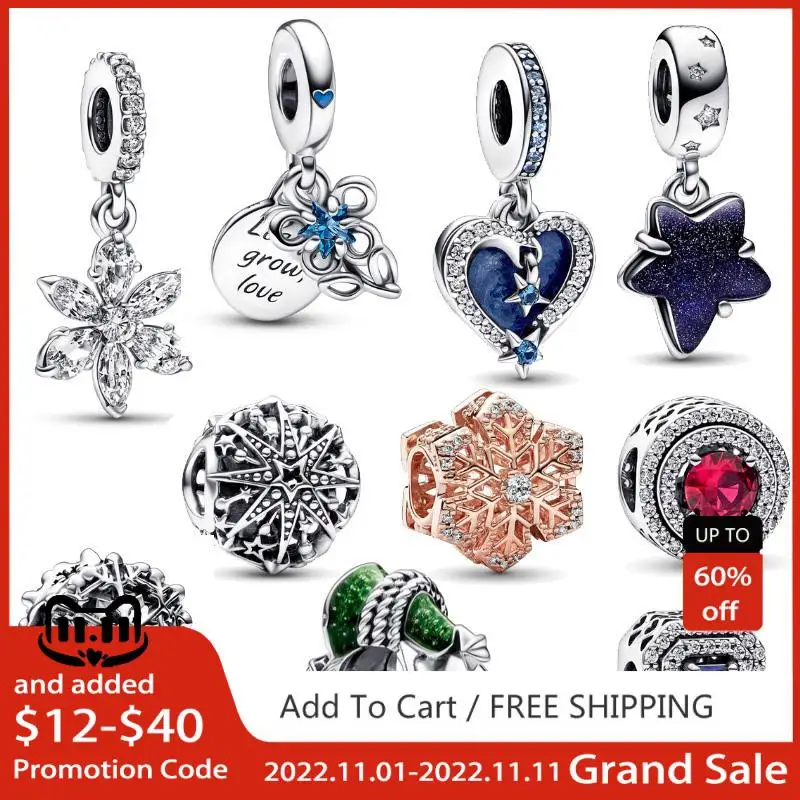 

2022 Winter 925 Sterling Silver Beads Sparkling Heart Stars Snowflakes Charms Fit Original Pandora Bracelet Jewelry