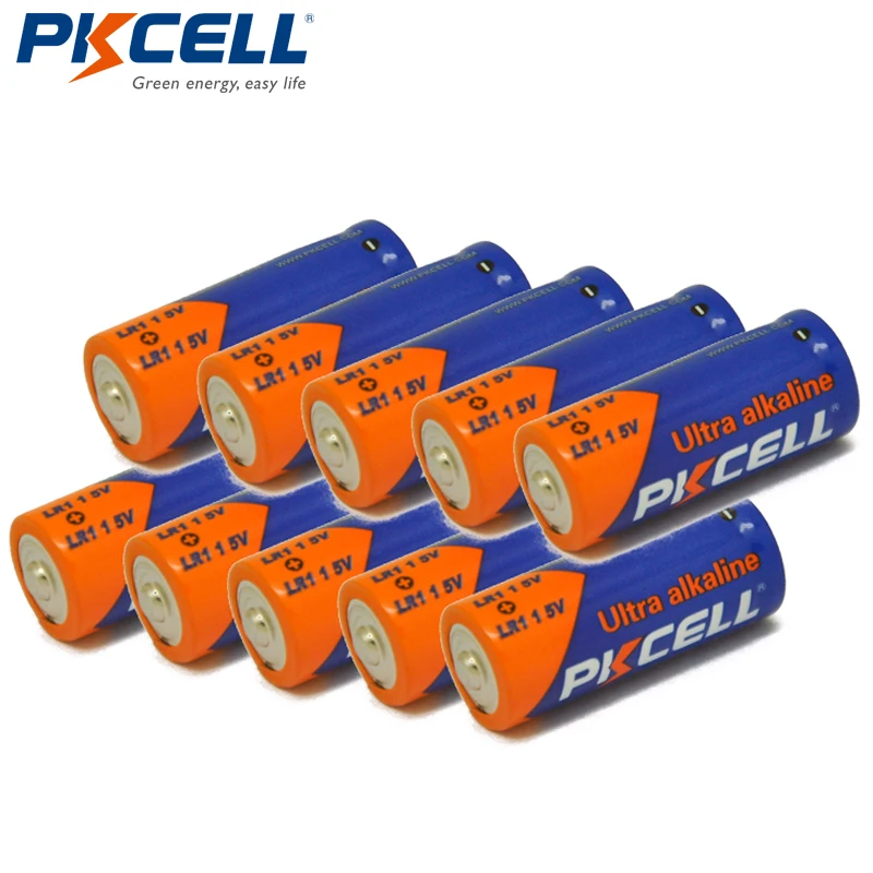 

10 щелочных батарей PKCELL LR1, размер N E90 MN9100 910A 1,5 в, одноразовые сухие батареи для сперкера, Bluetooth плееров