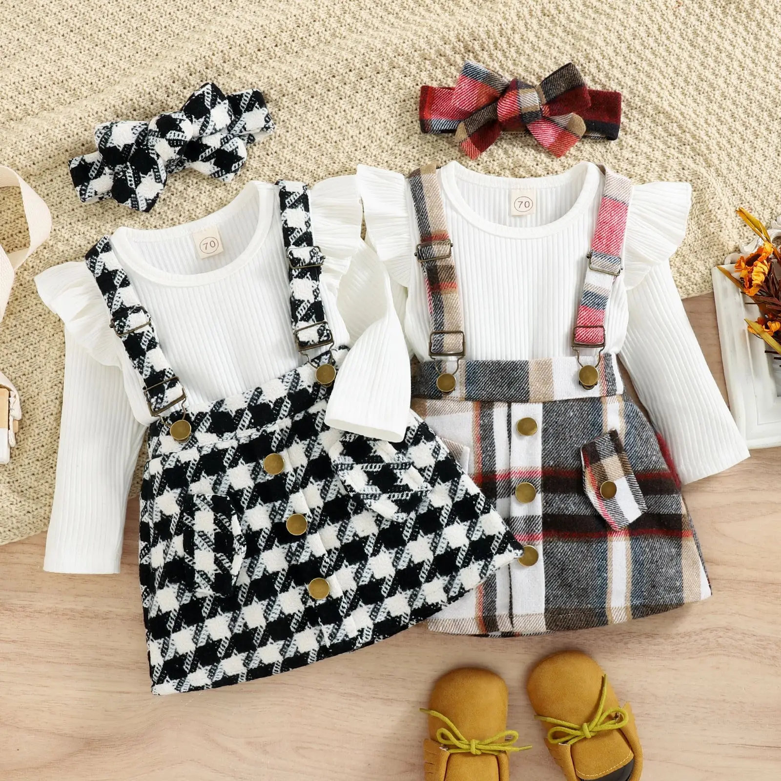 Autumn Winter Toddler Kids Clothes Girls Ruffles Long Sleeve Knitt Bodysuits Tops+Plaid Suspender Button Dress+Headband Set 0-4Y
Autumn Winter Toddler Kids Clothes Girls Ruffles Long Sleeve Knitt Bodysuits Tops+Plaid Suspender Button Dress+Headband Set 0-4Y