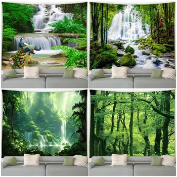 Customizable Landscape Tapestry Green Peacock Flowers Tropical Plants Waterfall Garden Wall Hanging Home Living Room