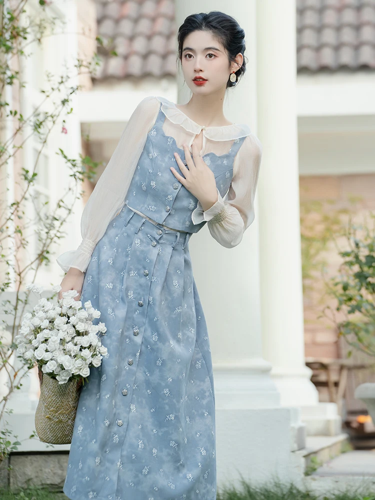 Женский костюм из шифоновой Рубашки с жемчугом и синего жилета в стиле ретро 
Женский костюм из шифоновой Рубашки с жемчугом и синего жилета в стиле ретро