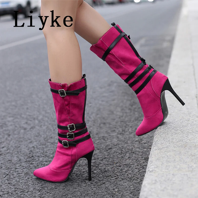 

Женские сапоги с острым носком Liyke, ботинки до середины икры с острым носком, модная теплая обувь на коротком плюшевом высоком каблуке с множеством пряжек, размеры 34-43, для осени и зимы