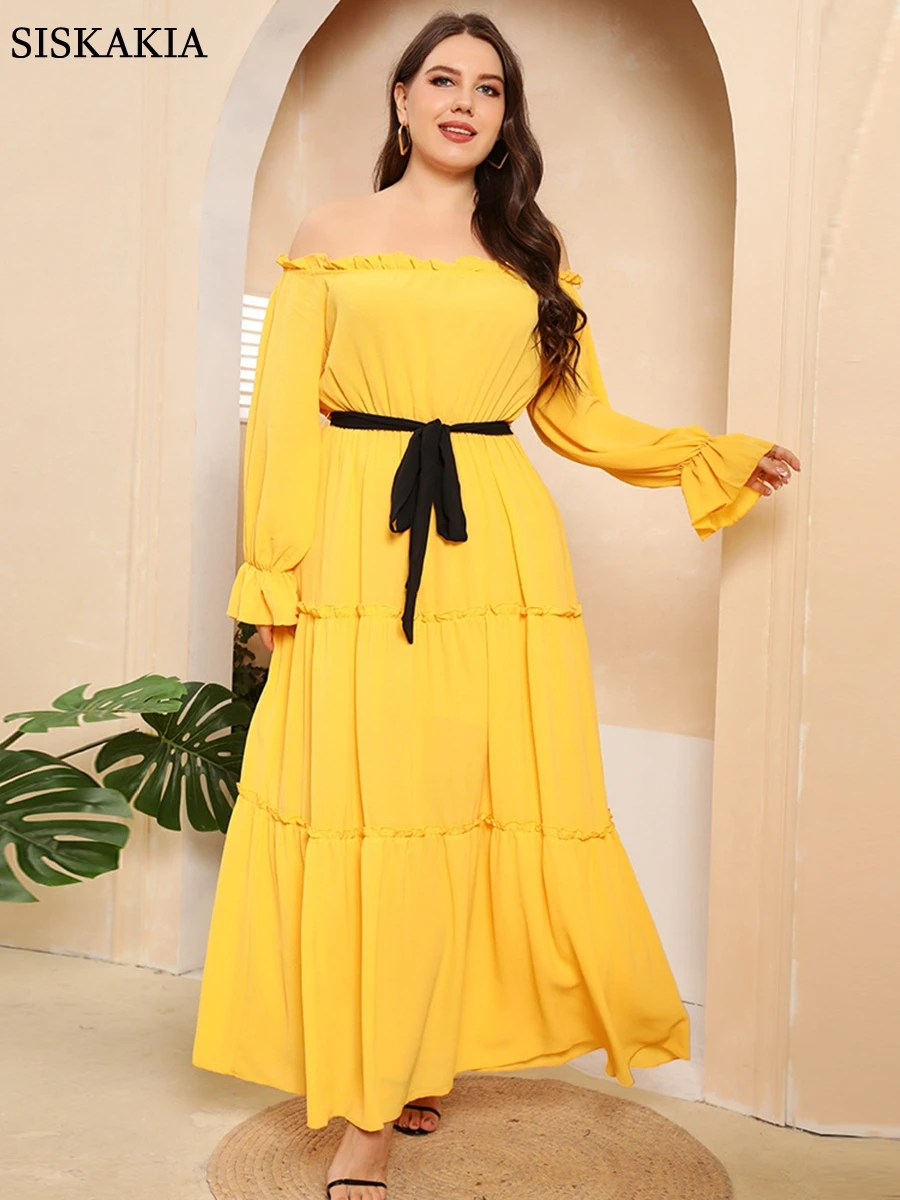 Plus Size Birthday Outfit Solid Color Flare Sleeve Off Shoulder Sashes Dress Casual Party Ladies Dresses Women 2022 Autumn New
Plus Size Birthday Outfit Solid Color Flare Sleeve Off Shoulder Sashes Dress Casual Party Ladies Dresses Women 2022 Autumn New
