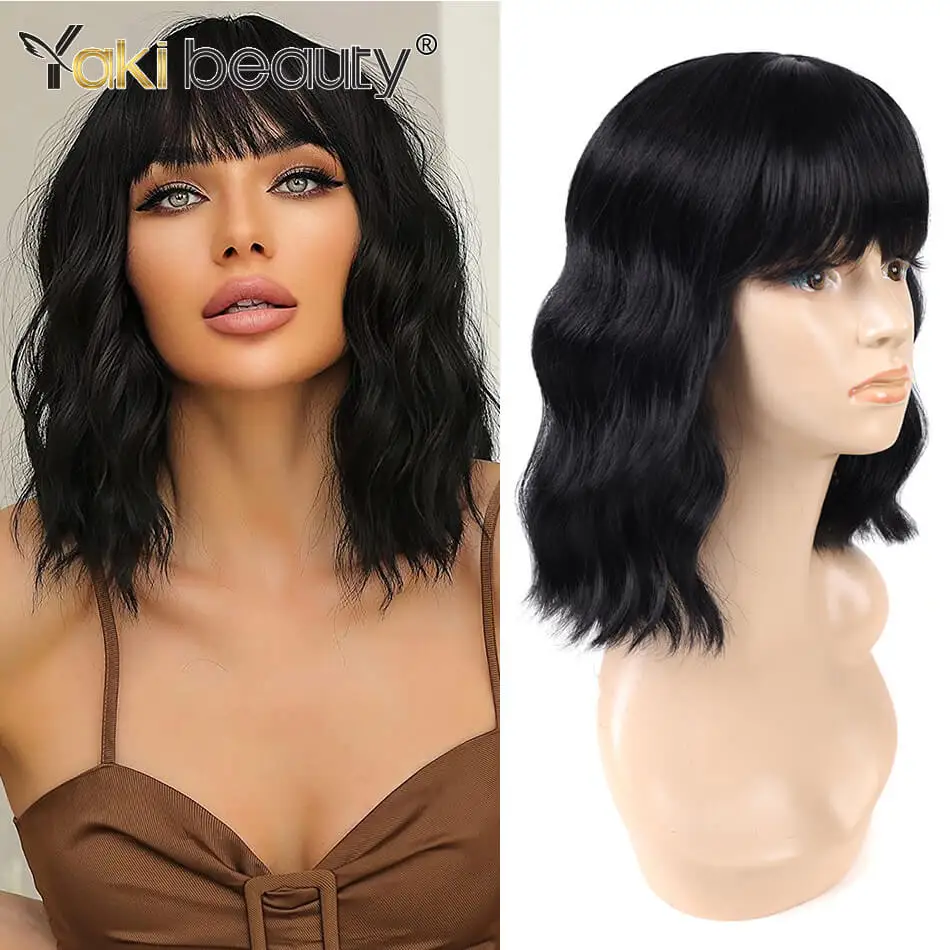 

Synthetic Black Wavy Wig With Bangs Short Bob Wig Curly Wavy Bob Synthetic Red Blonde Green Purple Wigs High Temperature Fiber