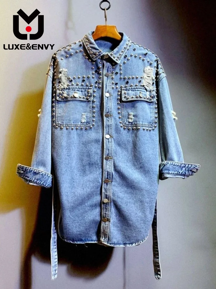 

LUXE&ENVY Spring Autumn Korean Casual Women's Design Sense Waist Shirt Rivet Hole Denim Jacket Trend 2023 Autumn