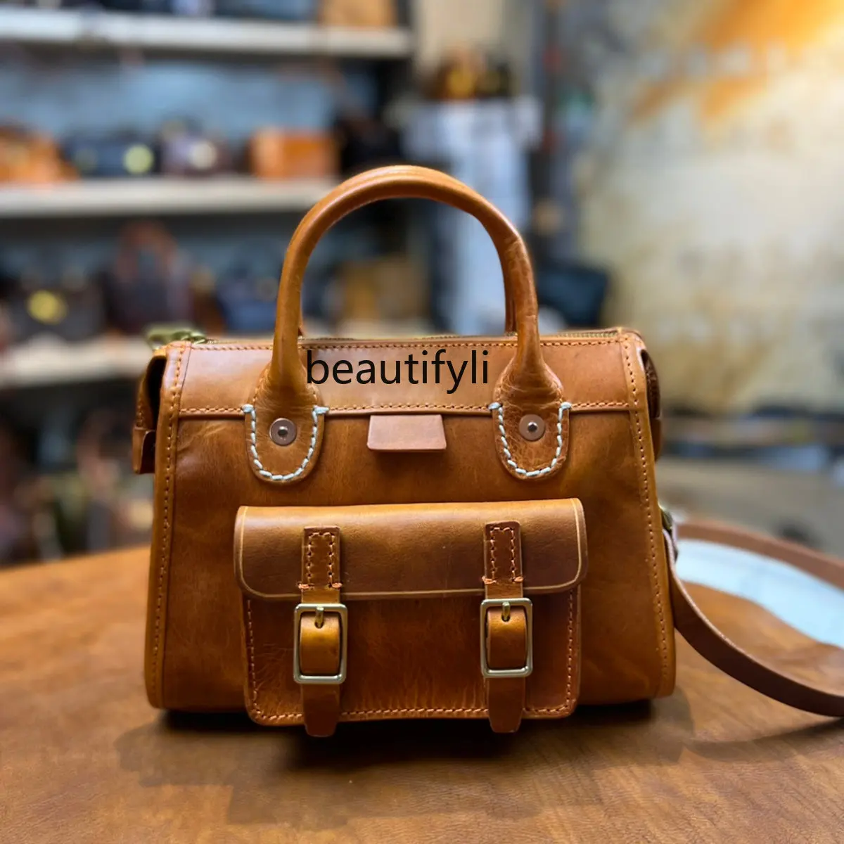 

zq Retro Vegetable Tanning Vegetable Tanned Full-Grain Leather Cowhide Handbag Heavy Industry Casual Handmade Leather Bag Women