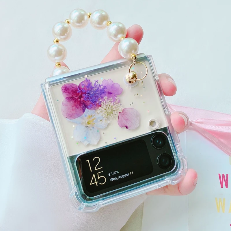 

Прозрачный блестящий чехол с цветами для телефона Samsung Galaxy Z Flip 4 3, ударопрочный жесткий чехол-накладка с портативным жемчужным браслетом