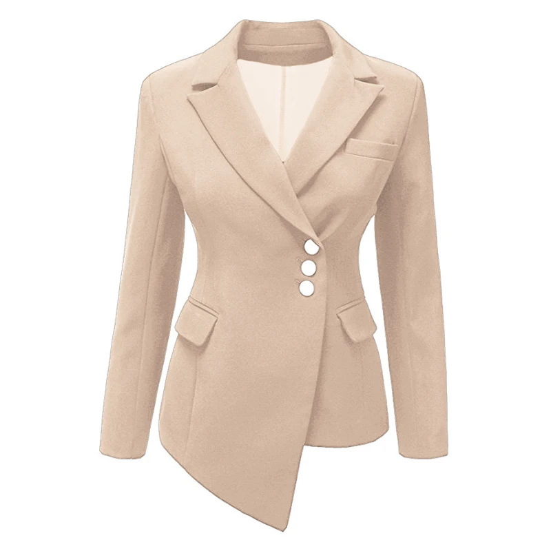 

Women's lapel coat coat solid color long-sleeved single-breasted office ladies pocket cotton asymmetric casual blazer fall 2022