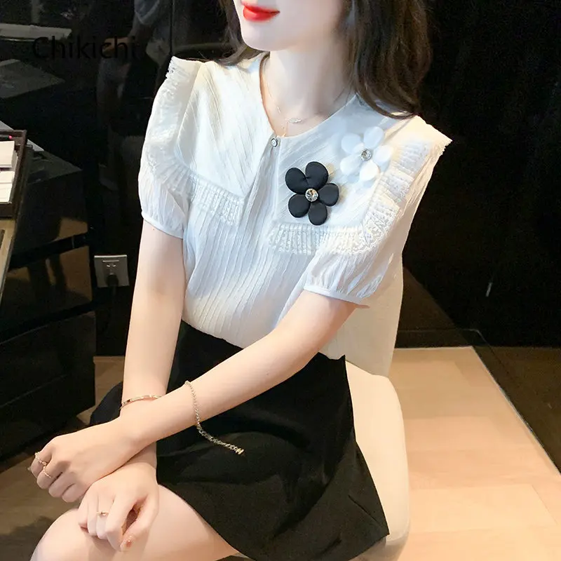 

Chikichi Office Lady Straight Short Sleeve Tops 2023 Summer New Chic Lace Stitching Lapel Shirt Women Doll Collar Blouse
