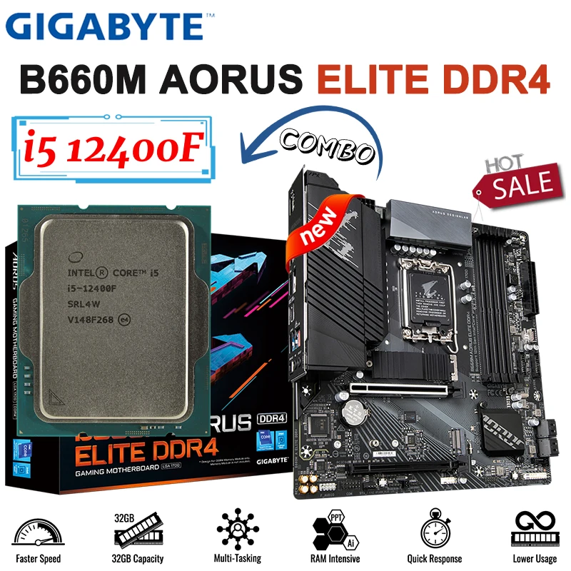 

Материнская плата Gigabyte B660M AORUS ELITE DDR4 LGA1700, комбинированная + процессор Intel Core 12th i5 12400F, 128 ГБ, PCI - E 4,0 МБ, 2 материнская плата, новинка
