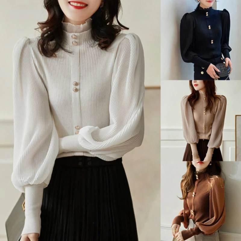

Autumn Ruffled Button Knitted Splicing Chiffon Pullovers for Women Long Sleeve Elegant Fashionr Lantern Sleeve Bottoming Shirt
