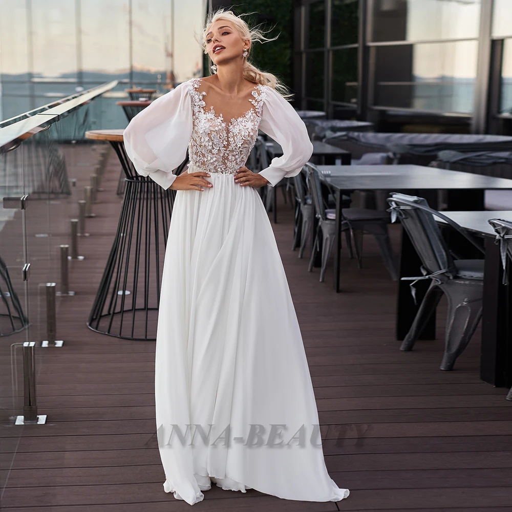 

Anna Chiffon Wedding Dresses 2022 Bride Applique Long Lantern Sleeve Boho O Neck Illusion Court Train Vestido De Casamento